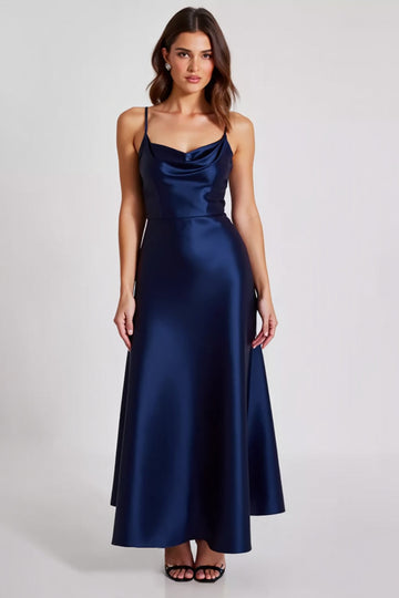 Navy Satin A Line Spaghetti Straps Long Formal Dress